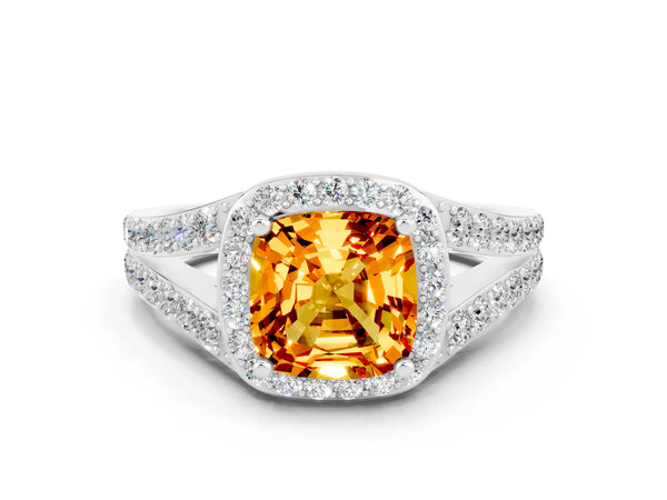 Platinum Cushion Cut Citrine Split Shank Halo Ring with Four-Prong Setting