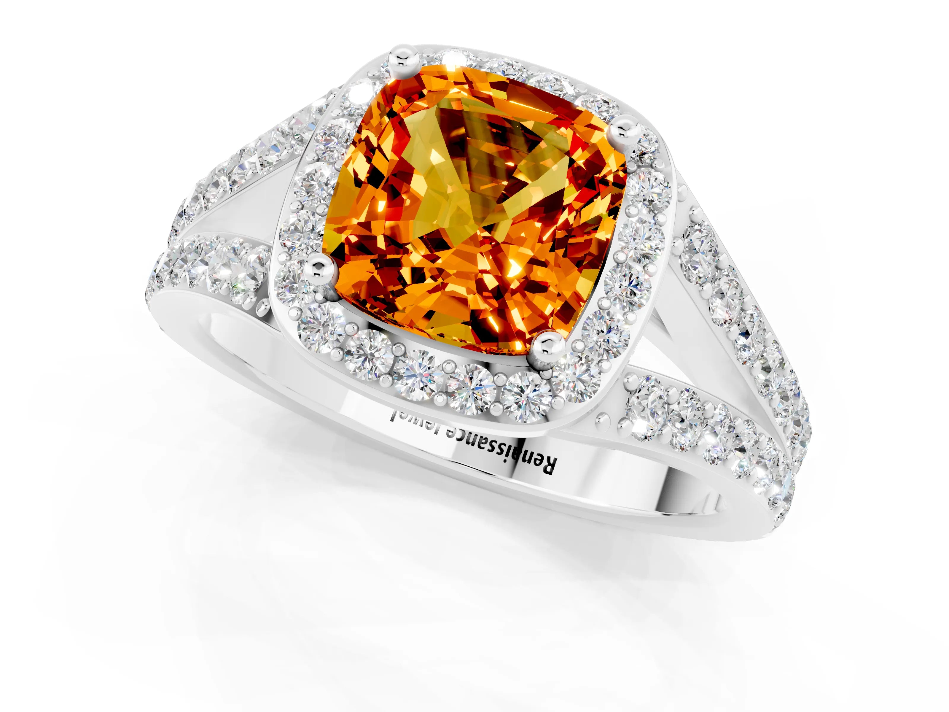 White gold Cushion Cut Citrine Split Shank Halo Ring with Four-Prong Setting_61