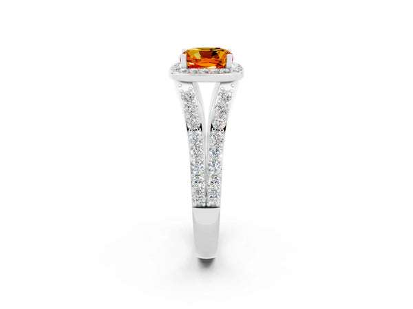 Silver Cushion Cut Citrine Split Shank Halo Ring with Four-Prong Setting