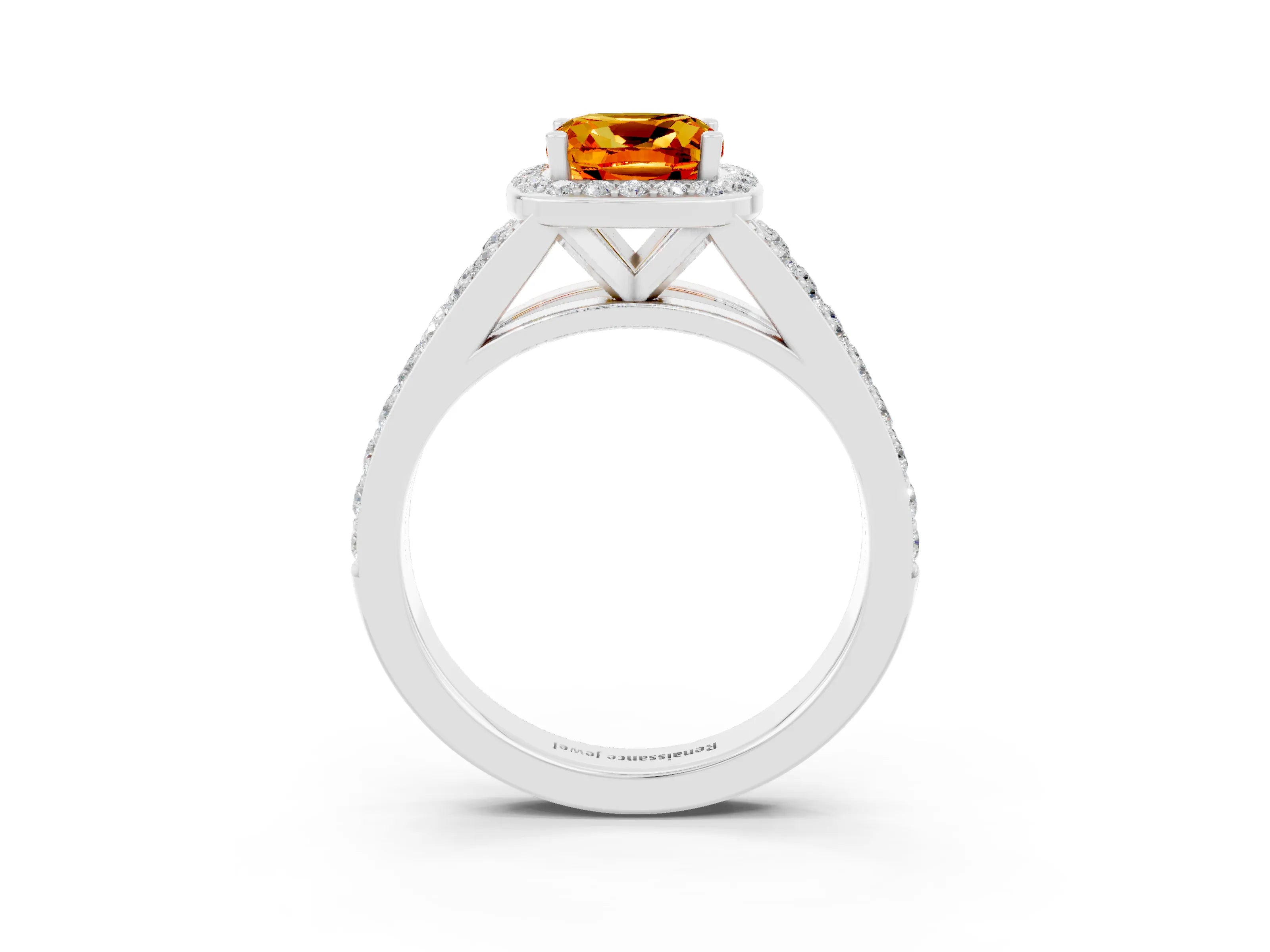 White gold Cushion Cut Citrine Split Shank Halo Ring with Four-Prong Setting_63