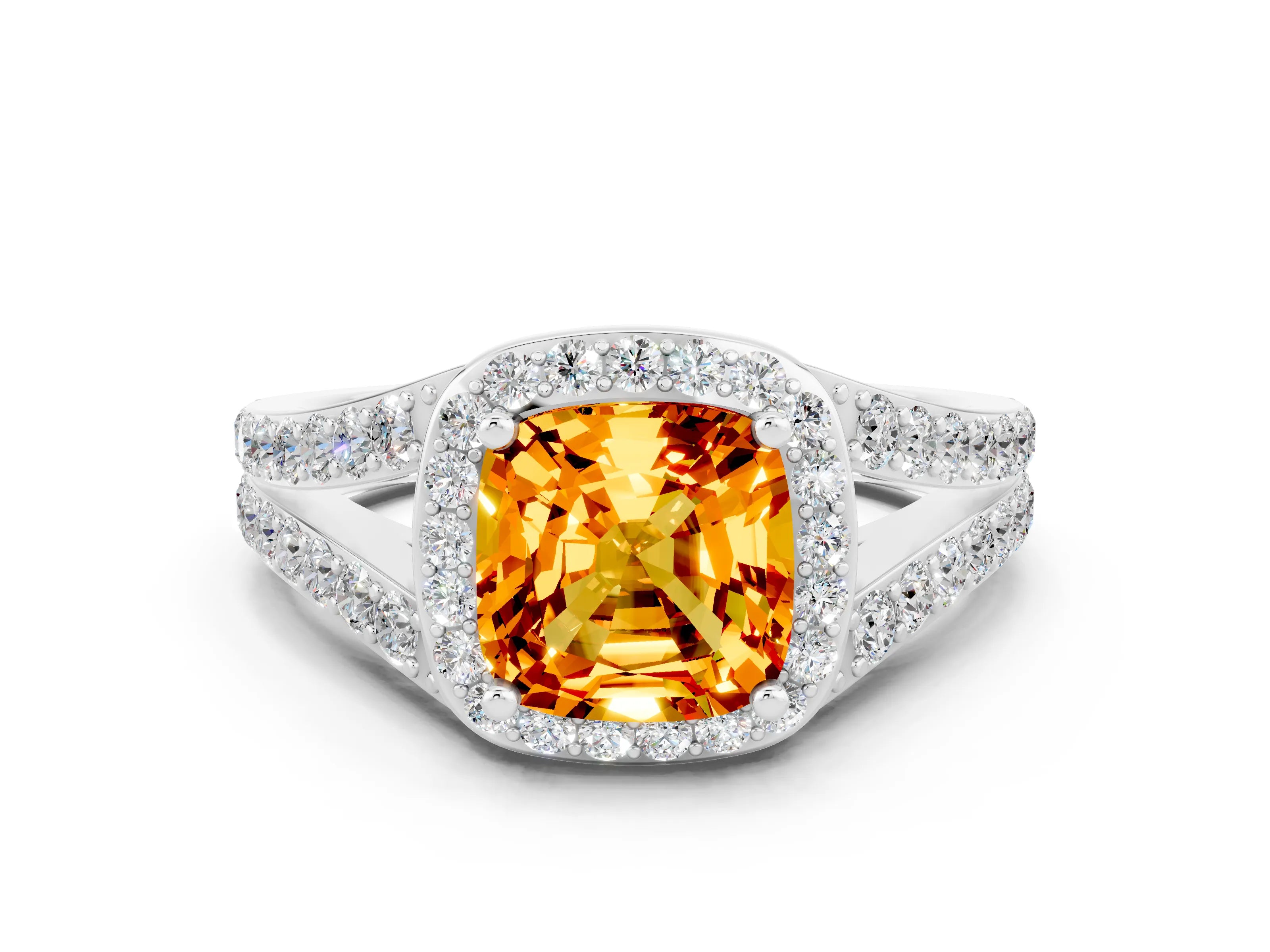 White gold Cushion Cut Citrine Split Shank Halo Ring with Four-Prong Setting_64