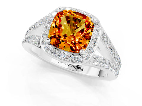 White gold Cushion Cut Citrine Split Shank Halo Ring with Four-Prong Setting_65