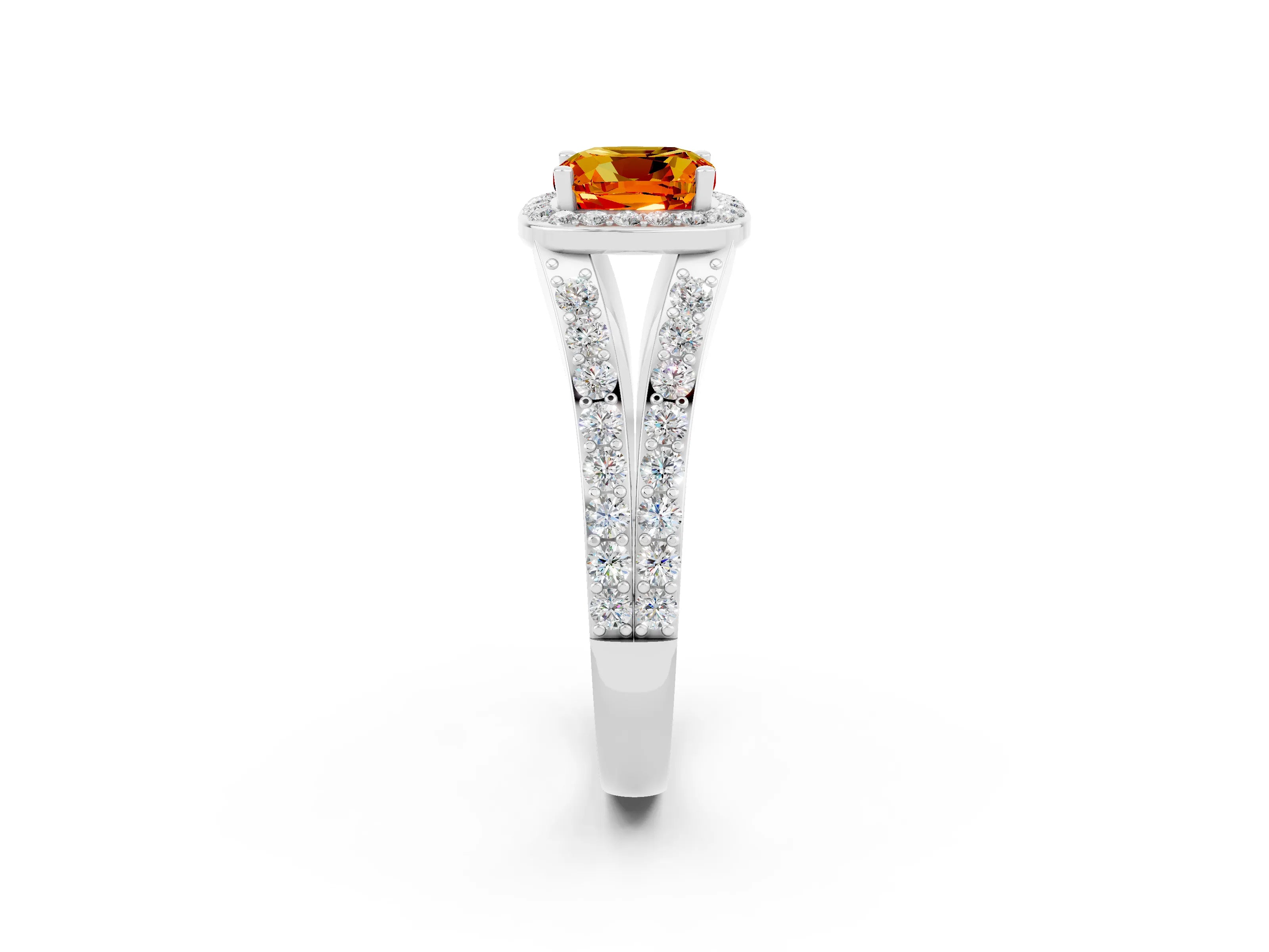 White gold Cushion Cut Citrine Split Shank Halo Ring with Four-Prong Setting_66