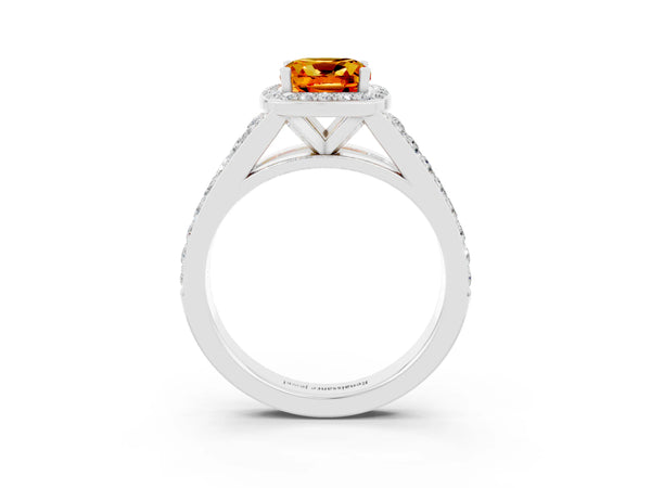 White gold Cushion Cut Citrine Split Shank Halo Ring with Four-Prong Setting