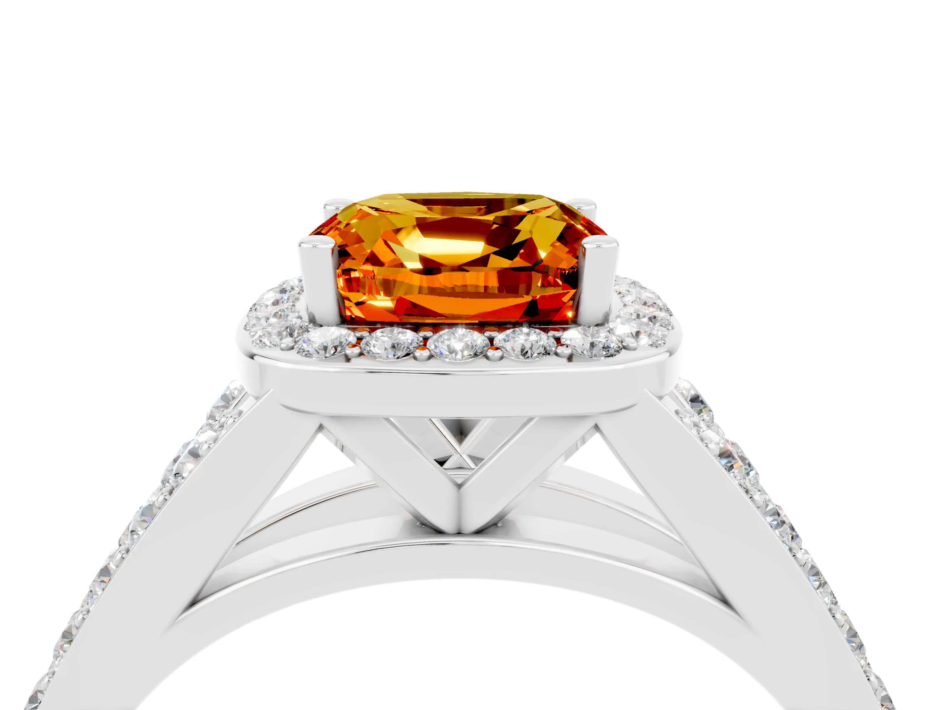 White gold Cushion Cut Citrine Split Shank Halo Ring with Four-Prong Setting_68