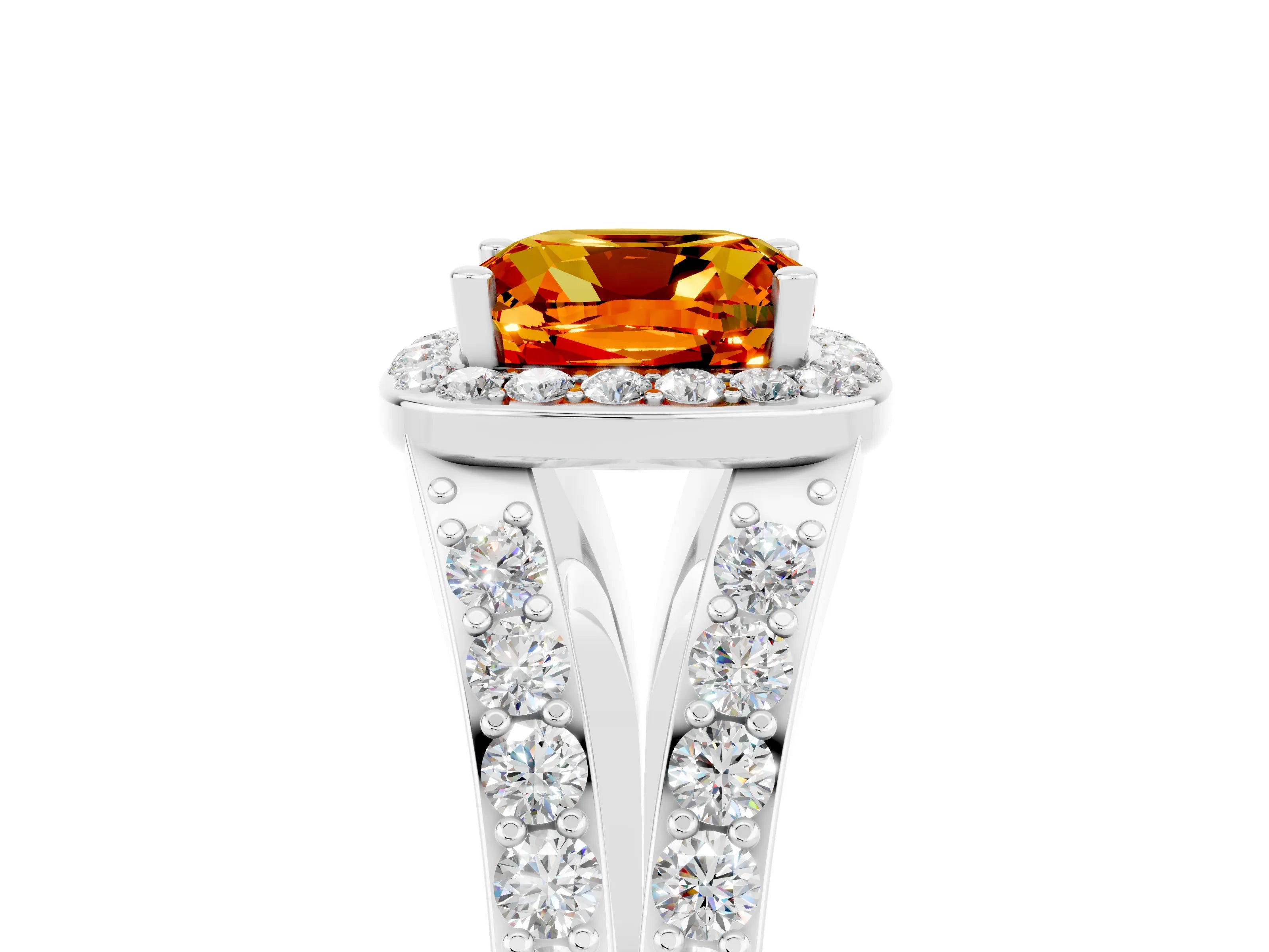 White gold Cushion Cut Citrine Split Shank Halo Ring with Four-Prong Setting_69