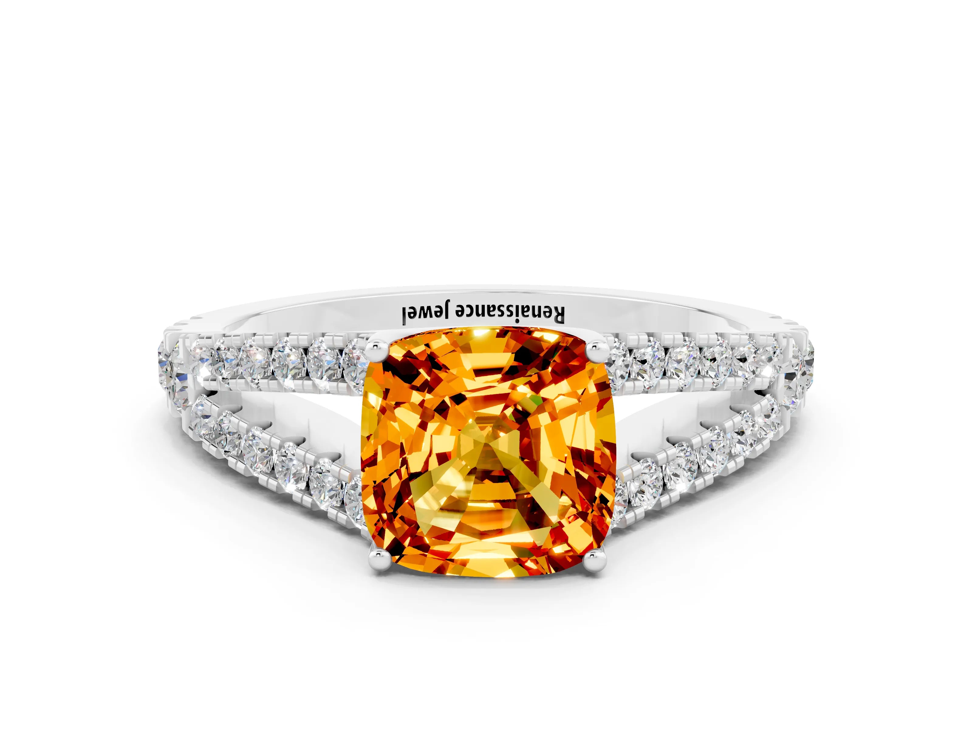 White gold Cushion Cut Citrine Split Shank Pavé Engagement Ring with Four-Prong Setting_12