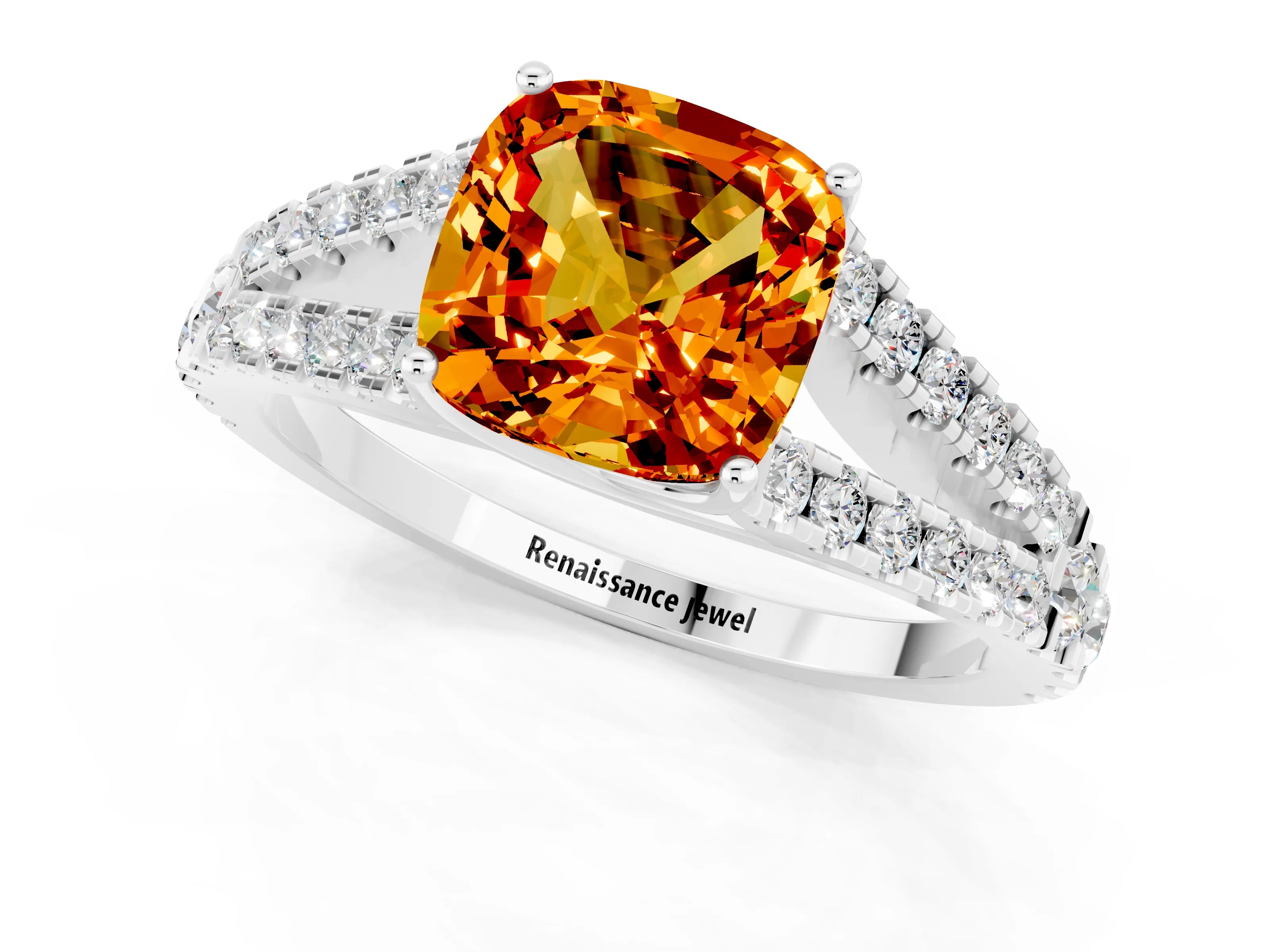 White gold Cushion Cut Citrine Split Shank Pavé Engagement Ring with Four-Prong Setting_13