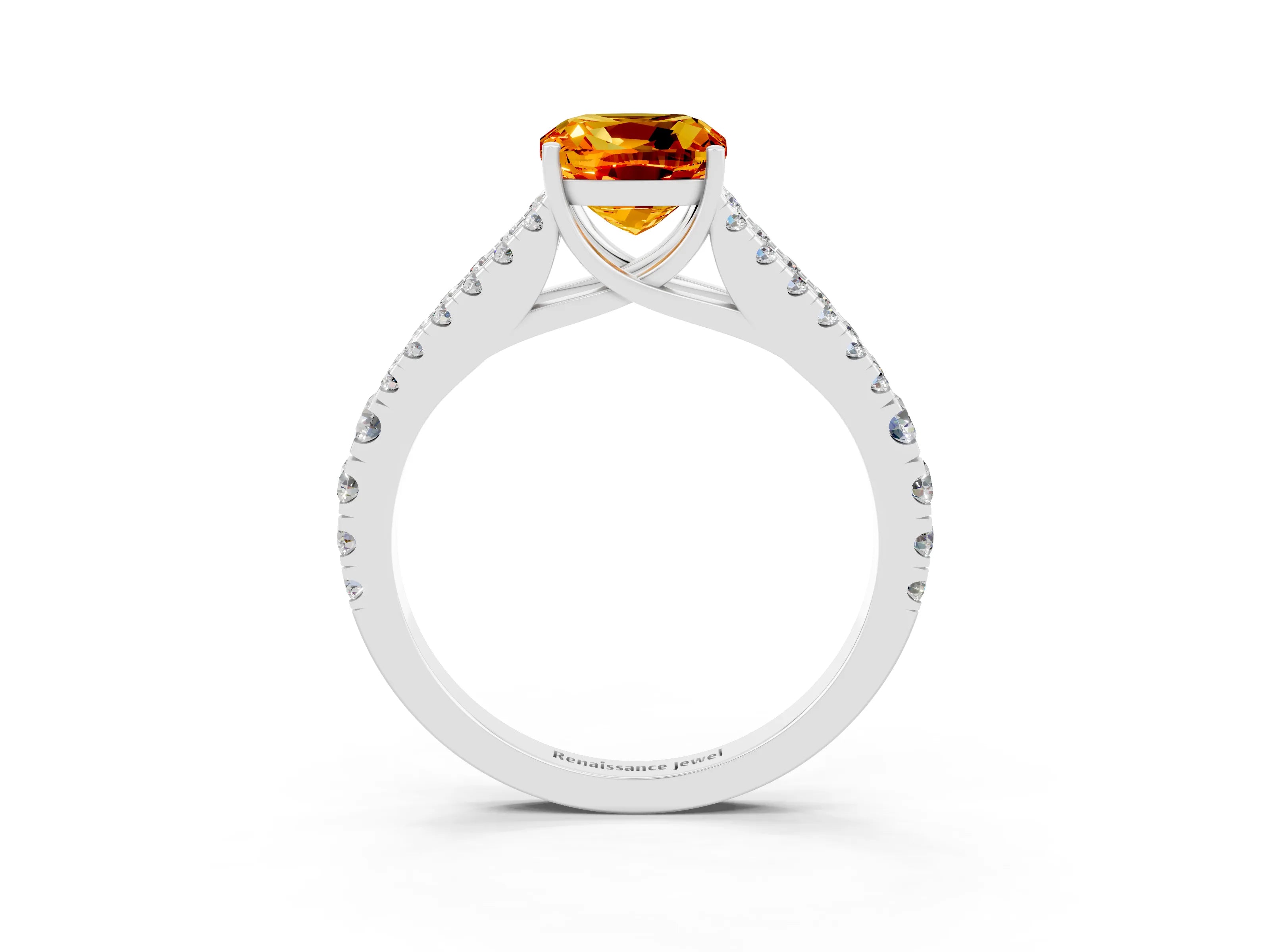White gold Cushion Cut Citrine Split Shank Pavé Engagement Ring with Four-Prong Setting_15
