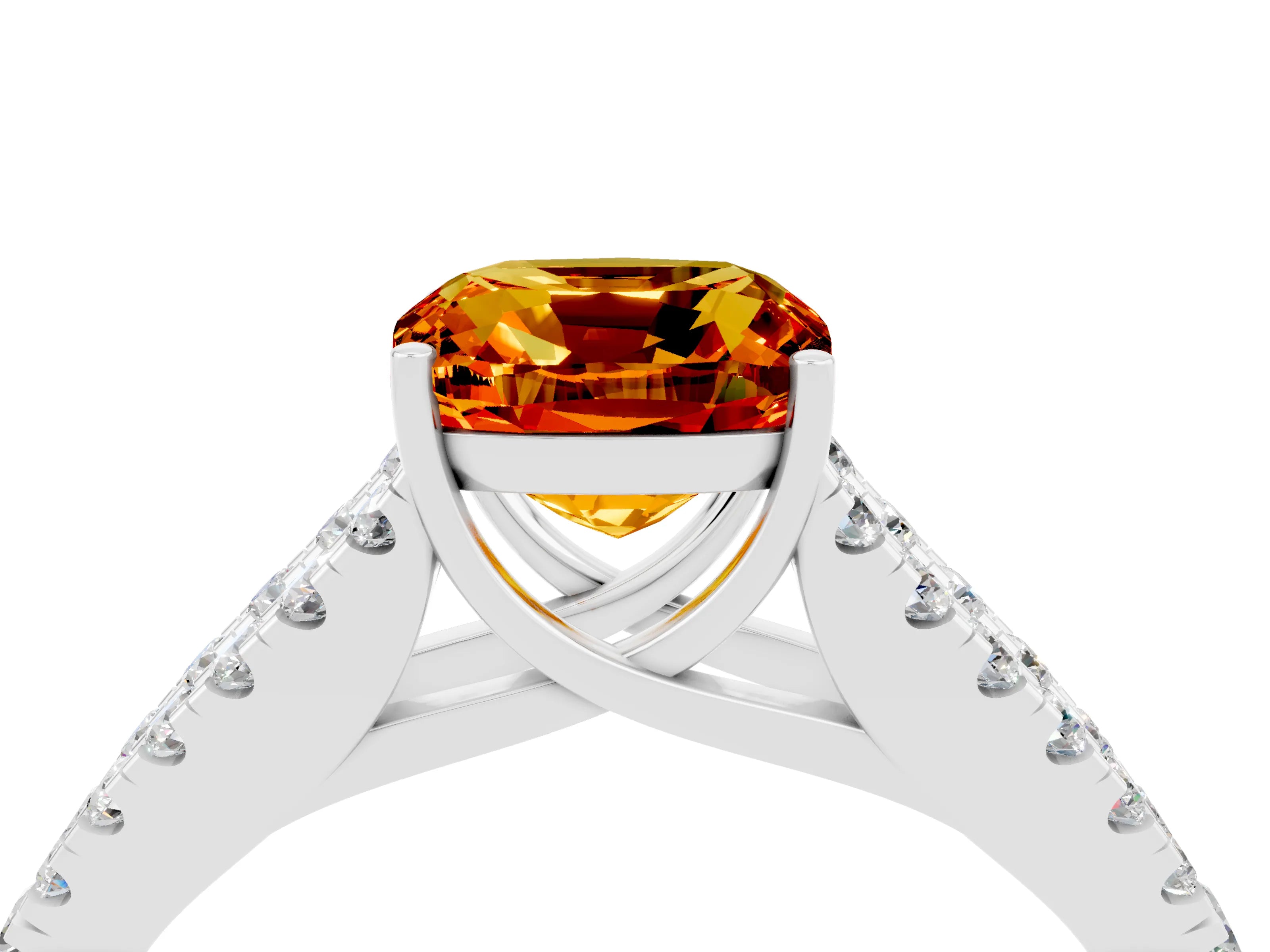 White gold Cushion Cut Citrine Split Shank Pavé Engagement Ring with Four-Prong Setting_16