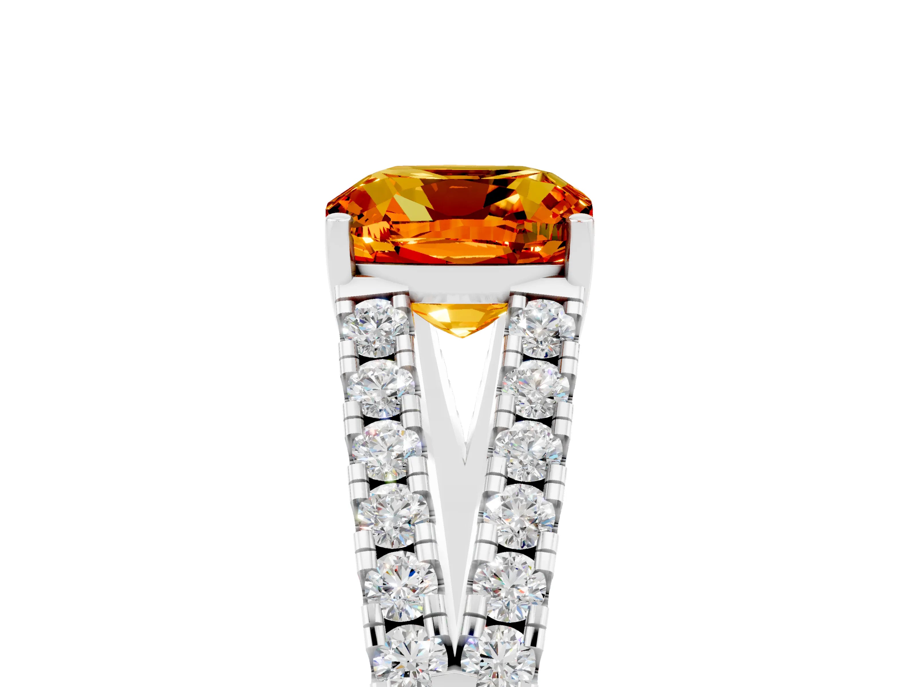 White gold Cushion Cut Citrine Split Shank Pavé Engagement Ring with Four-Prong Setting_17