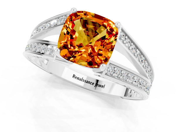Platinum Cushion Cut Citrine Split Shank Ring with Pavé Band and Four-Prong Setting