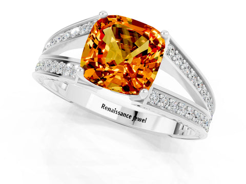 White gold Cushion Cut Citrine Split Shank Ring with Pavé Band and Four-Prong Setting_1