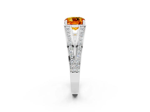 White gold Cushion Cut Citrine Split Shank Ring with Pavé Band and Four-Prong Setting_2