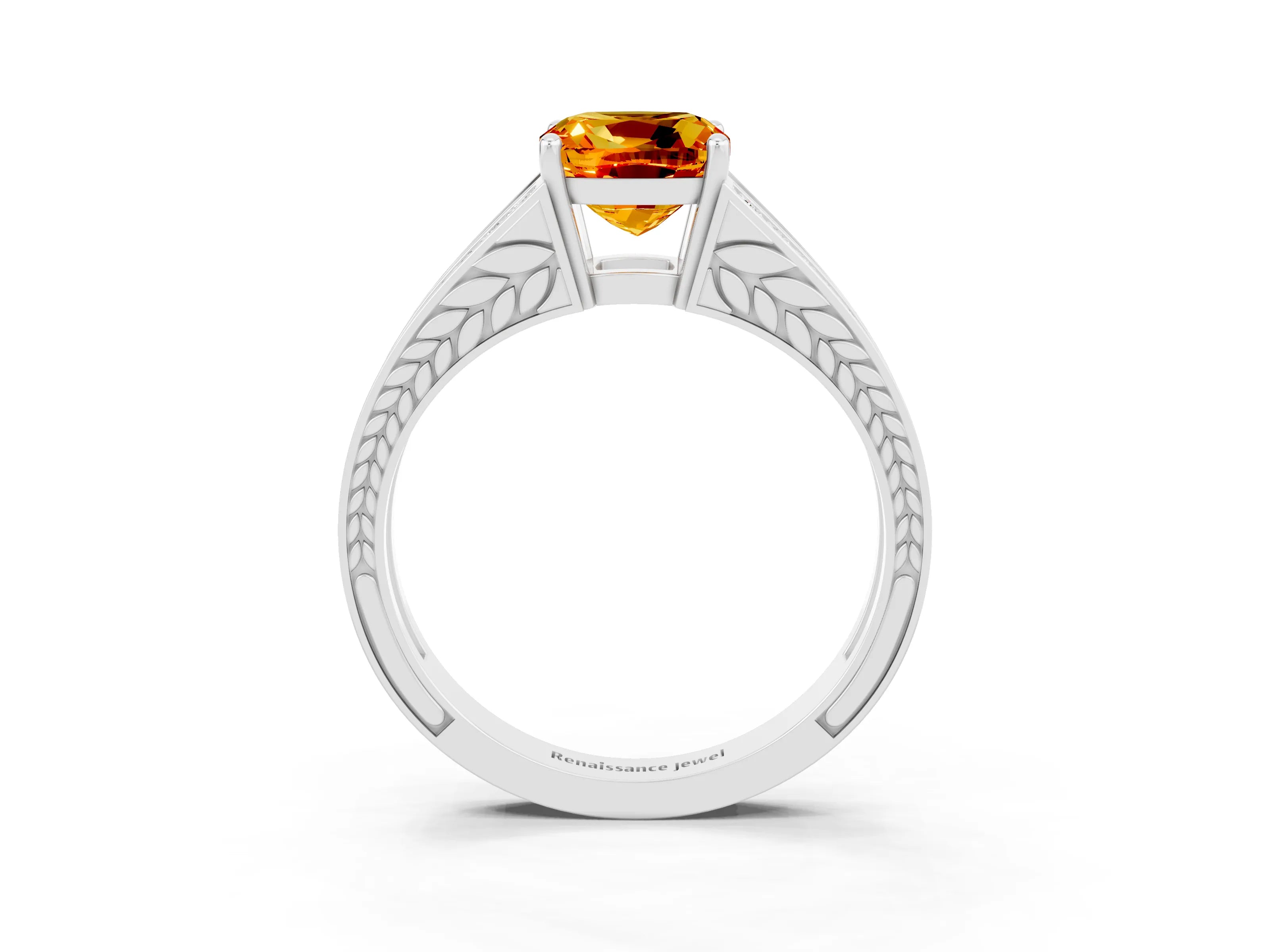White gold Cushion Cut Citrine Split Shank Ring with Pavé Band and Four-Prong Setting_3