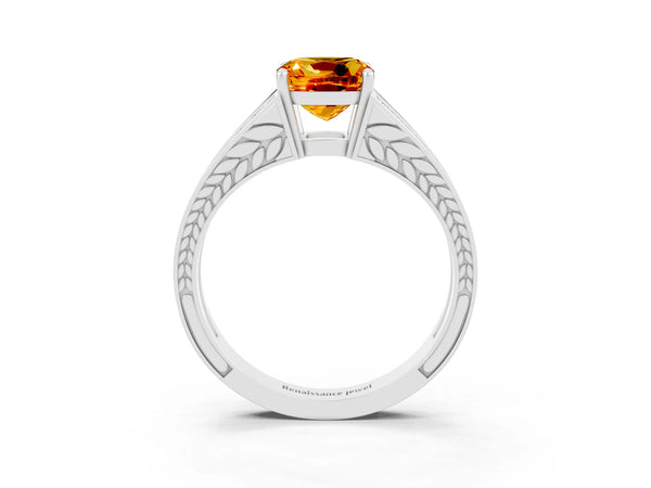 White gold Cushion Cut Citrine Split Shank Ring with Pavé Band and Four-Prong Setting