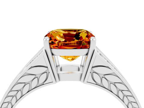 White gold Cushion Cut Citrine Split Shank Ring with Pavé Band and Four-Prong Setting_4