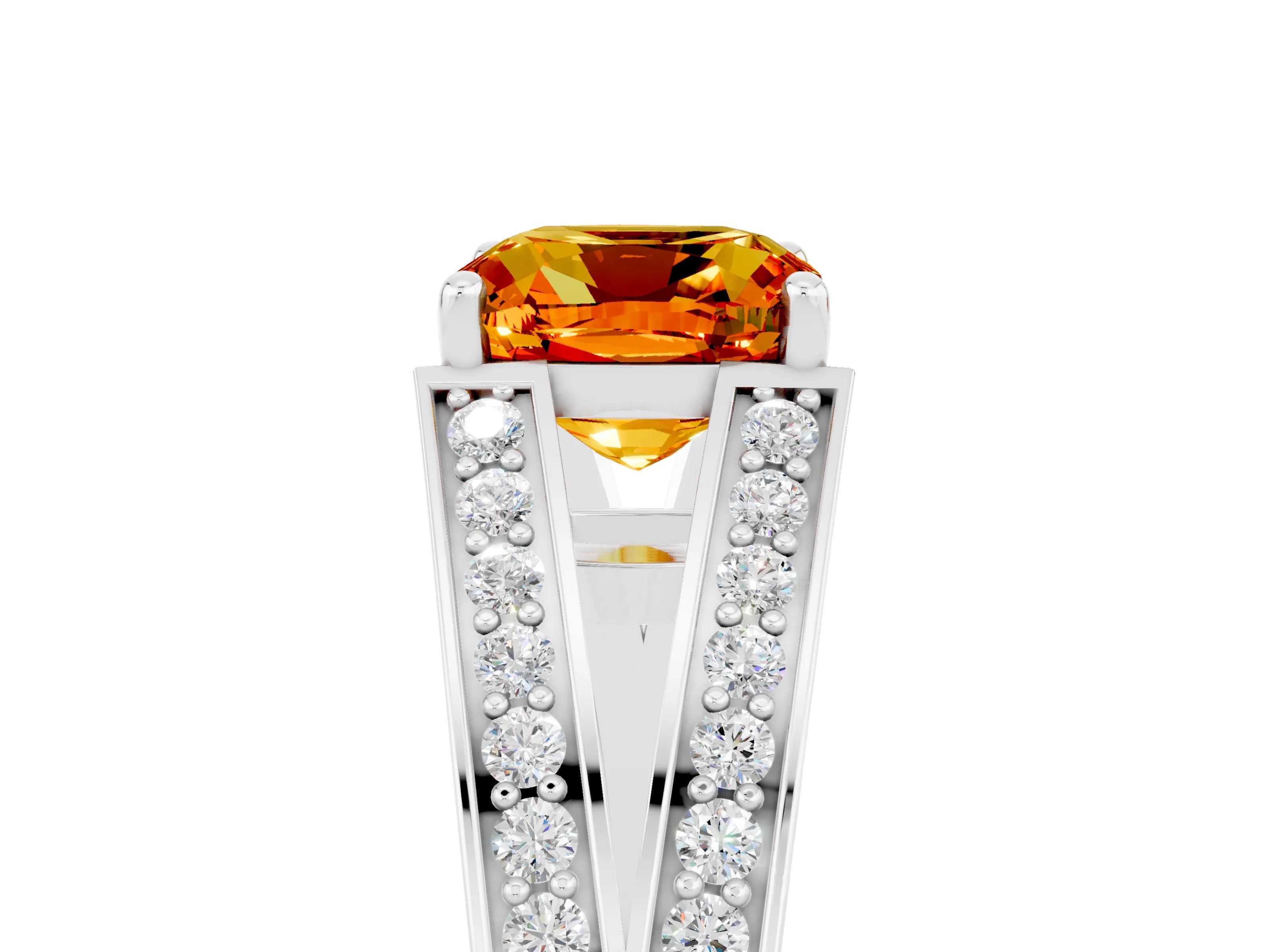 White gold Cushion Cut Citrine Split Shank Ring with Pavé Band and Four-Prong Setting_5
