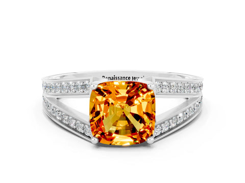 White gold Cushion Cut Citrine Split Shank Ring with Pavé Band and Four-Prong Setting