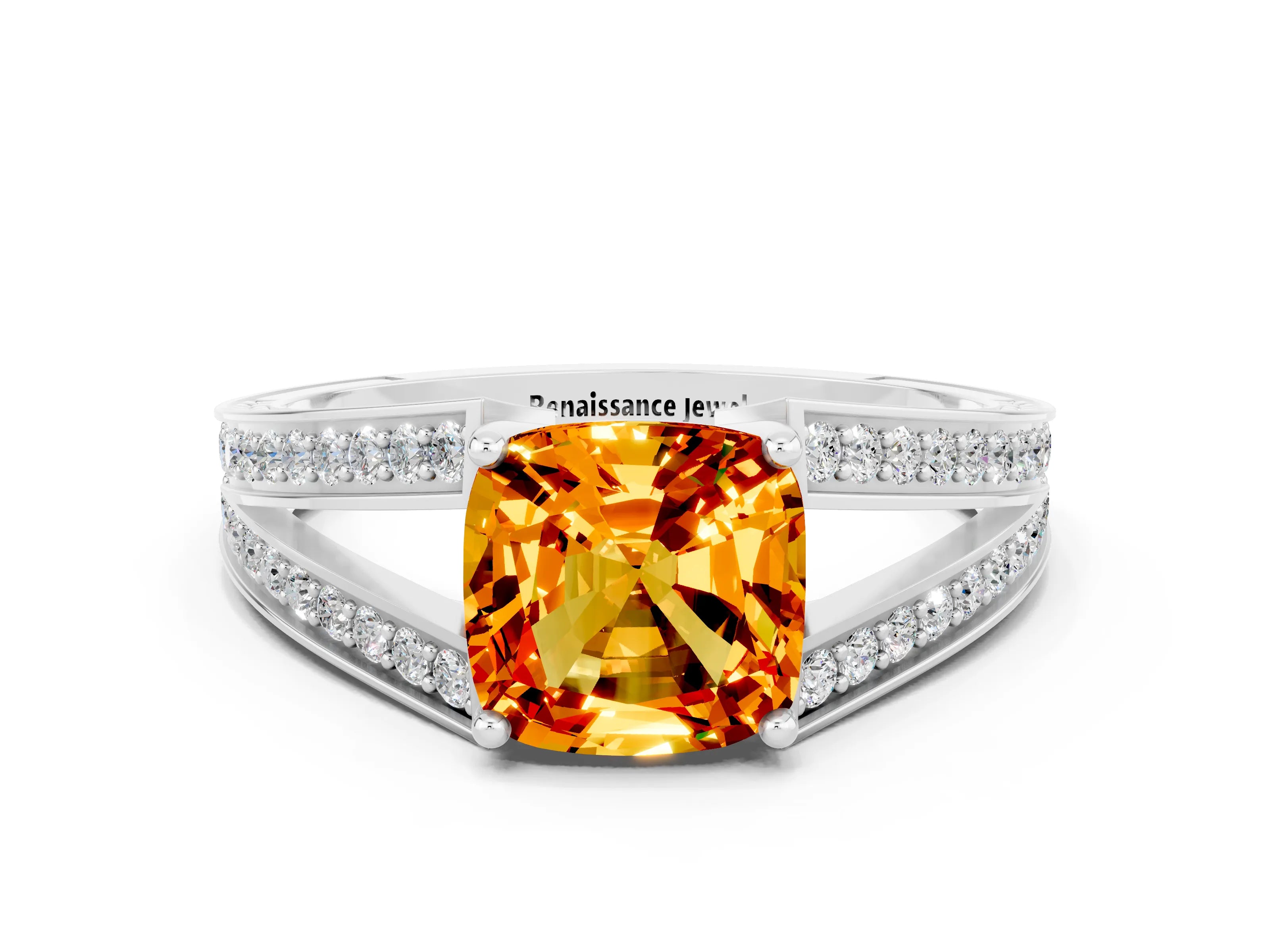 White gold Cushion Cut Citrine Split Shank Ring with Pavé Band and Four-Prong Setting