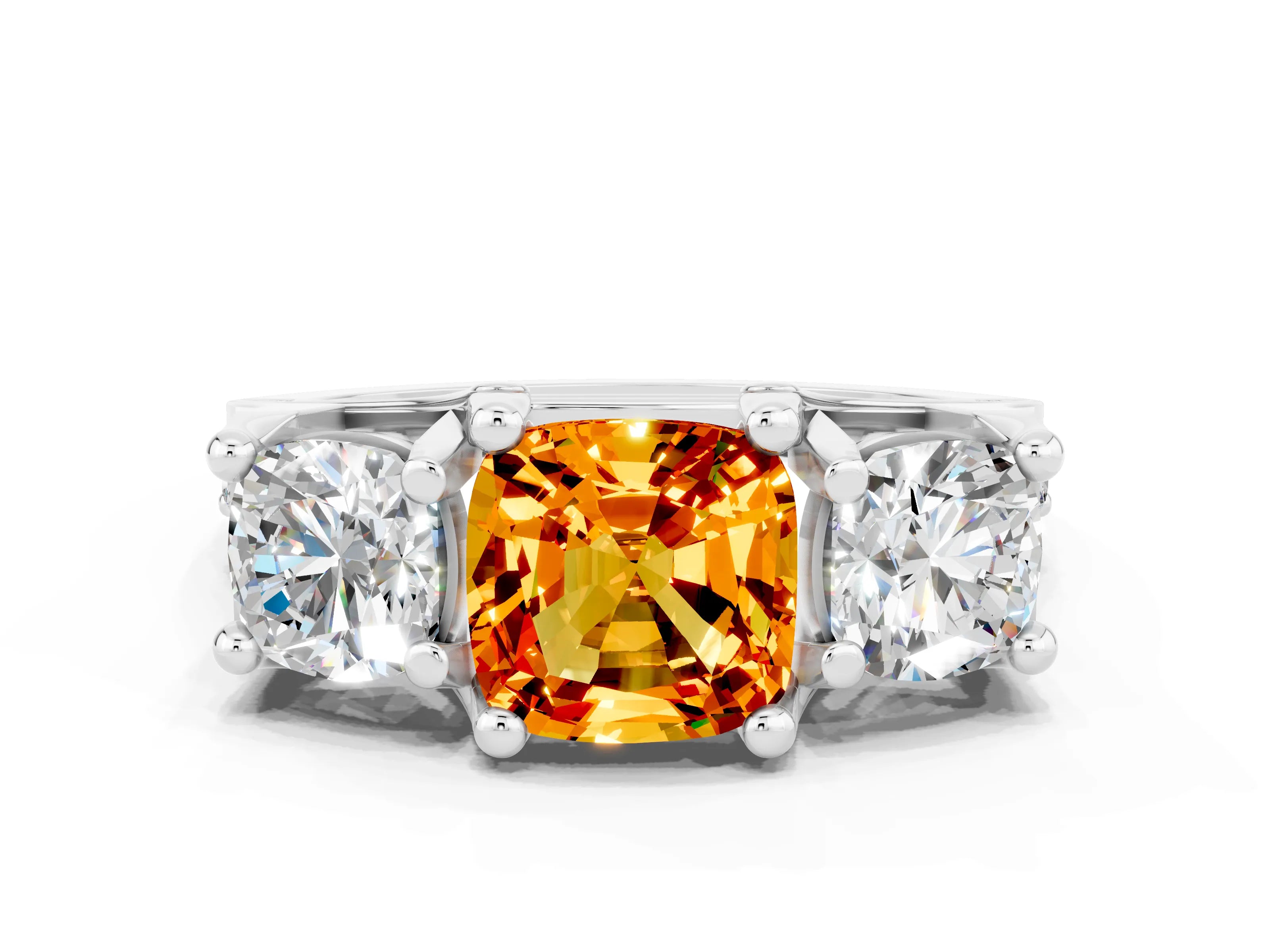 White gold Cushion Cut Citrine Three-Stone Ring with Channel Set Band and Four-Prong Setting