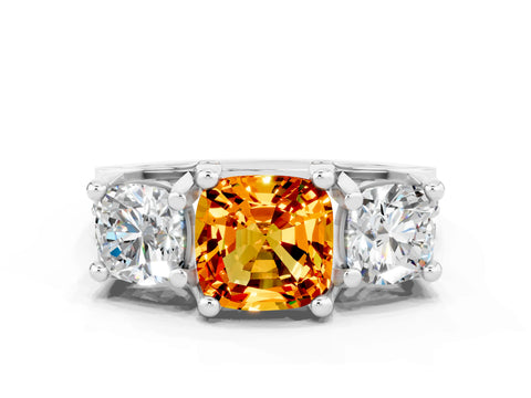 White gold Cushion Cut Citrine Three-Stone Ring with Channel Set Band and Four-Prong Setting