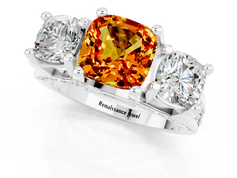 White gold Cushion Cut Citrine Three-Stone Ring with Channel Set Band and Four-Prong Setting_1