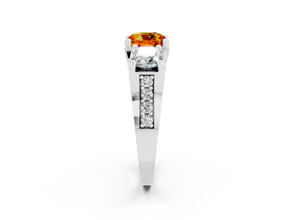 Platinum Cushion Cut Citrine Three-Stone Ring with Channel Set Band and Four-Prong Setting