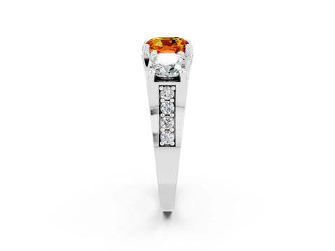 White gold Cushion Cut Citrine Three-Stone Ring with Channel Set Band and Four-Prong Setting_2