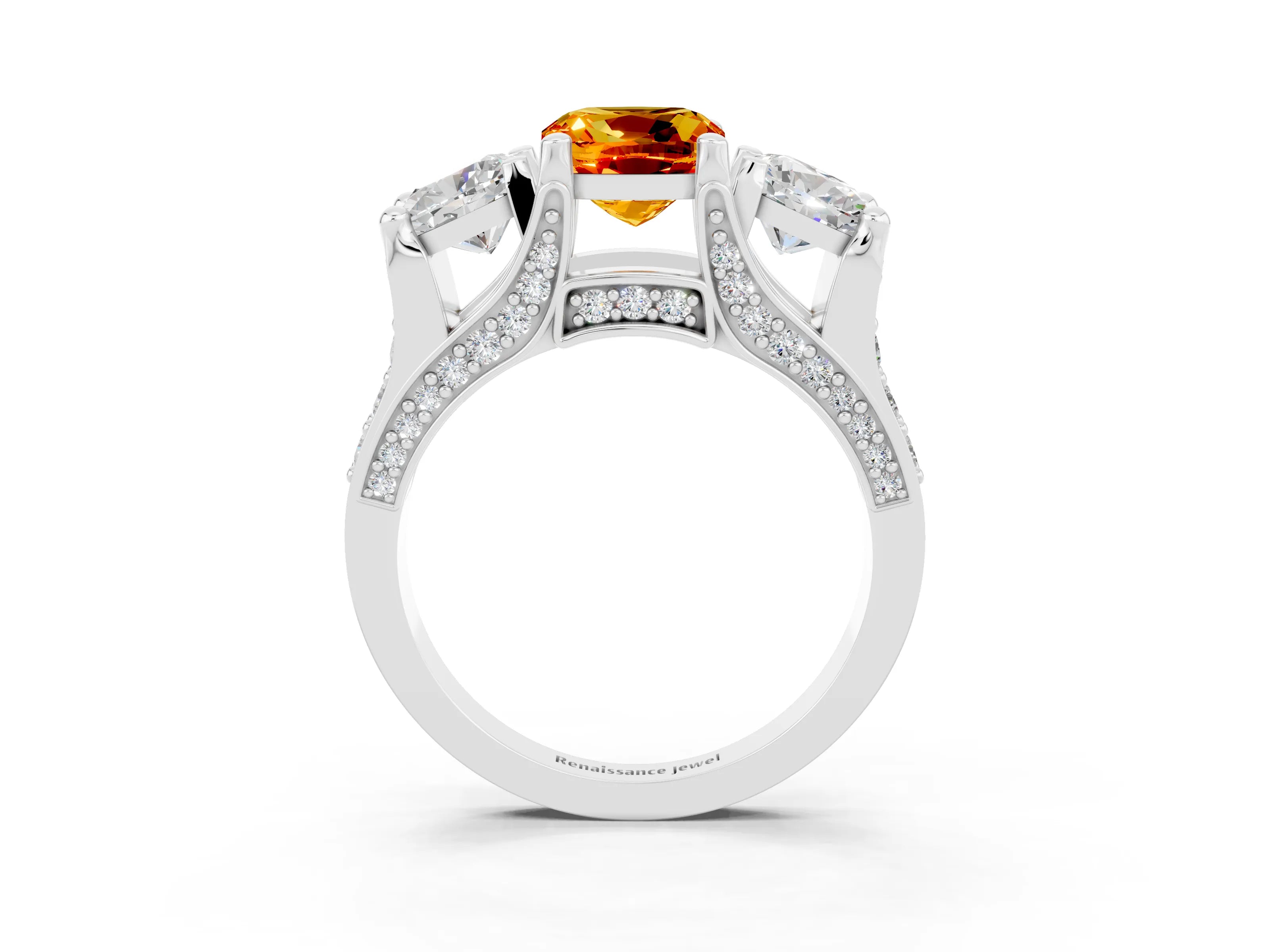 White gold Cushion Cut Citrine Three-Stone Ring with Channel Set Band and Four-Prong Setting_3