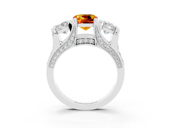 White gold Cushion Cut Citrine Three-Stone Ring with Channel Set Band and Four-Prong Setting