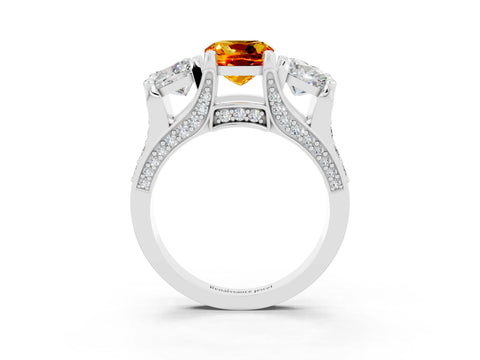 White gold Cushion Cut Citrine Three-Stone Ring with Channel Set Band and Four-Prong Setting_3
