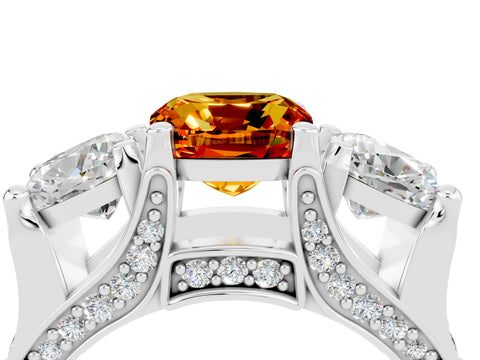 White gold Cushion Cut Citrine Three-Stone Ring with Channel Set Band and Four-Prong Setting_4