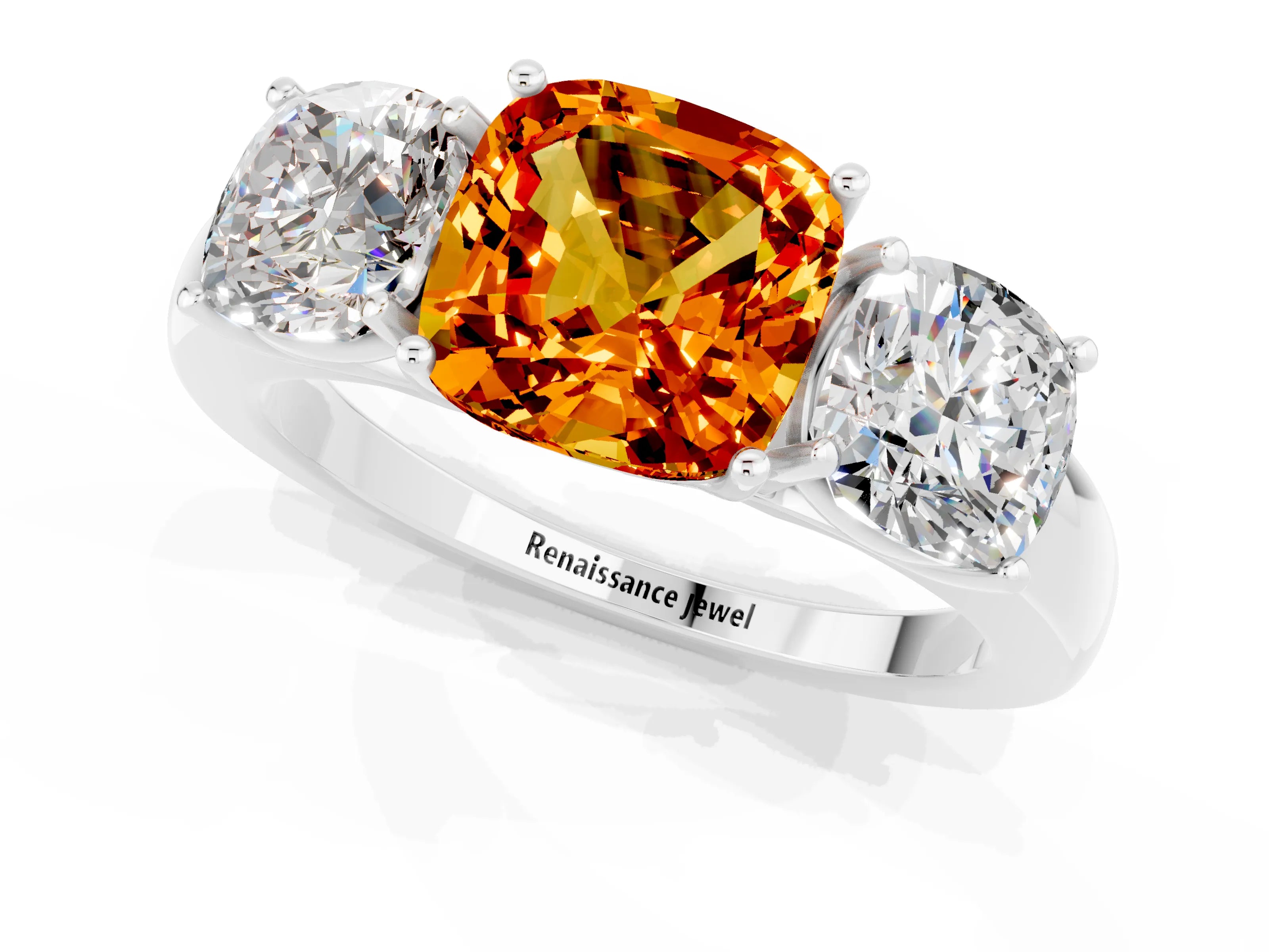 White gold Cushion Cut Citrine Three-Stone Ring with Four-Prong Setting and Classic Band_1
