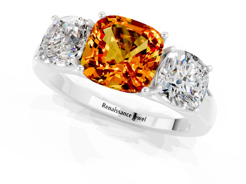 White gold Cushion Cut Citrine Three-Stone Ring with Four-Prong Setting and Classic Band_1