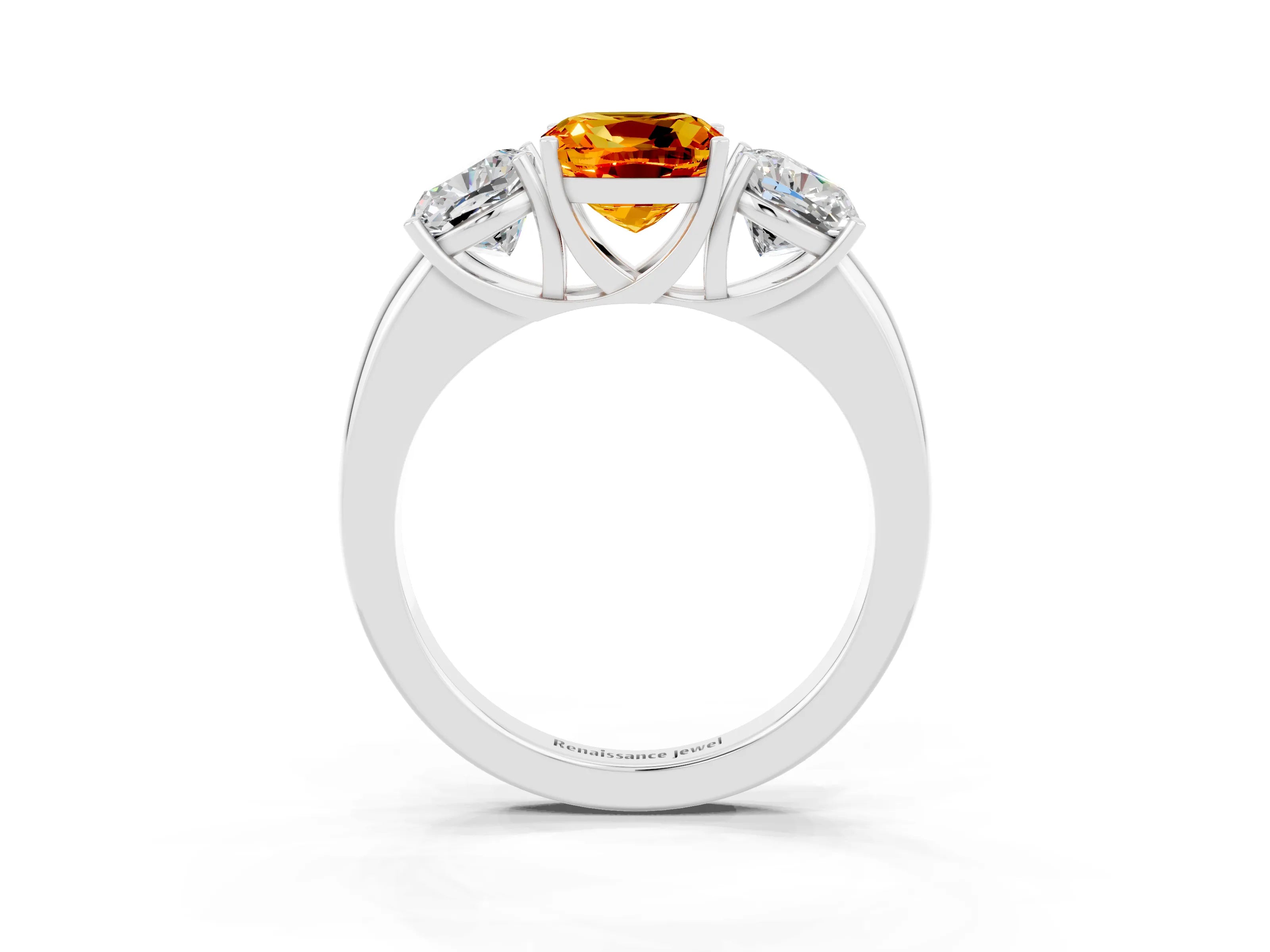 White gold Cushion Cut Citrine Three-Stone Ring with Four-Prong Setting and Classic Band_3