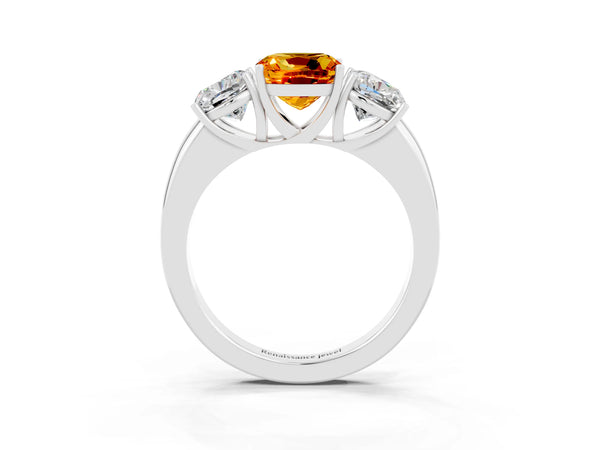 White gold Cushion Cut Citrine Three-Stone Ring with Four-Prong Setting and Classic Band