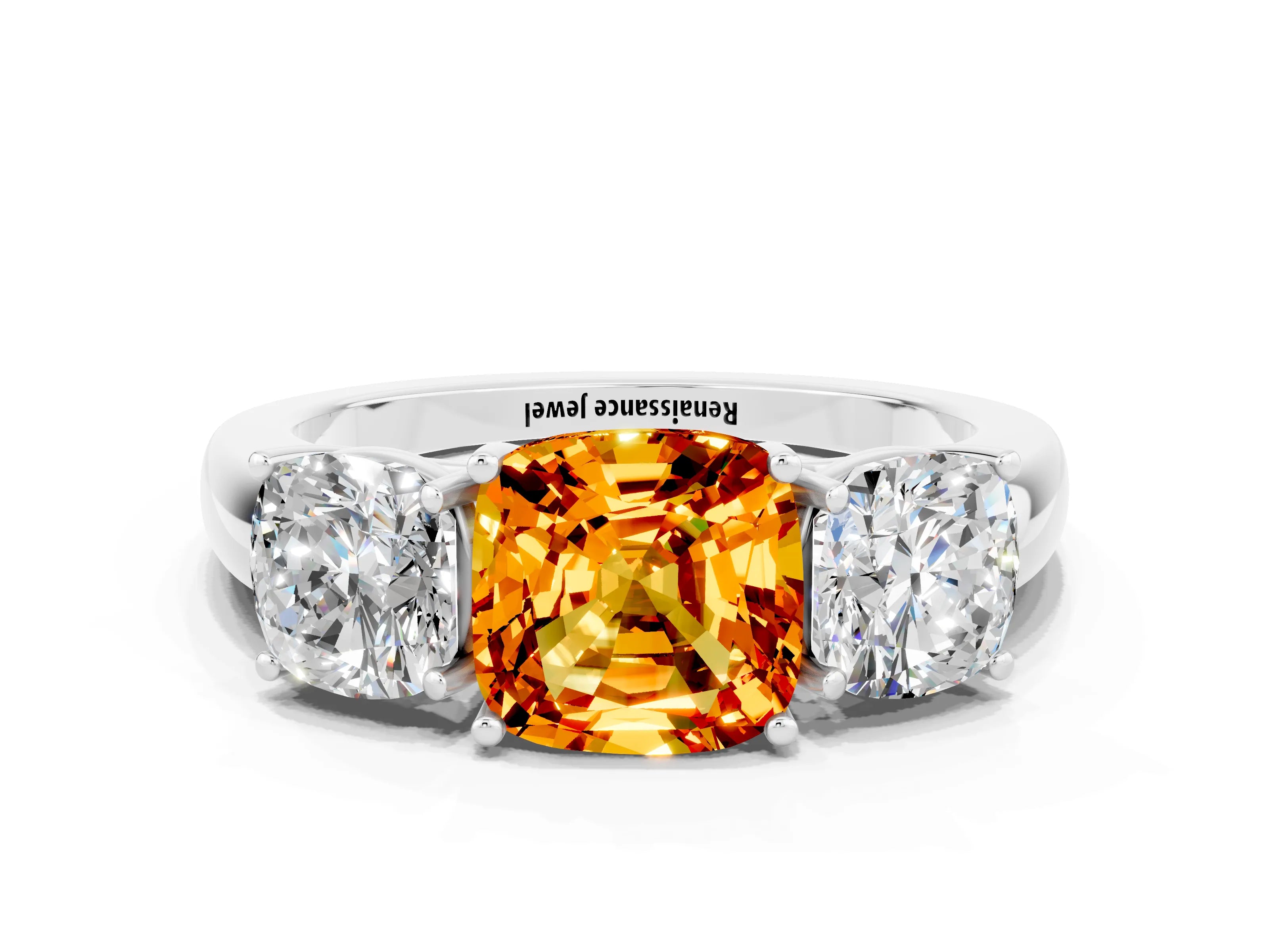 White gold Cushion Cut Citrine Three-Stone Ring with Four-Prong Setting and Classic Band
