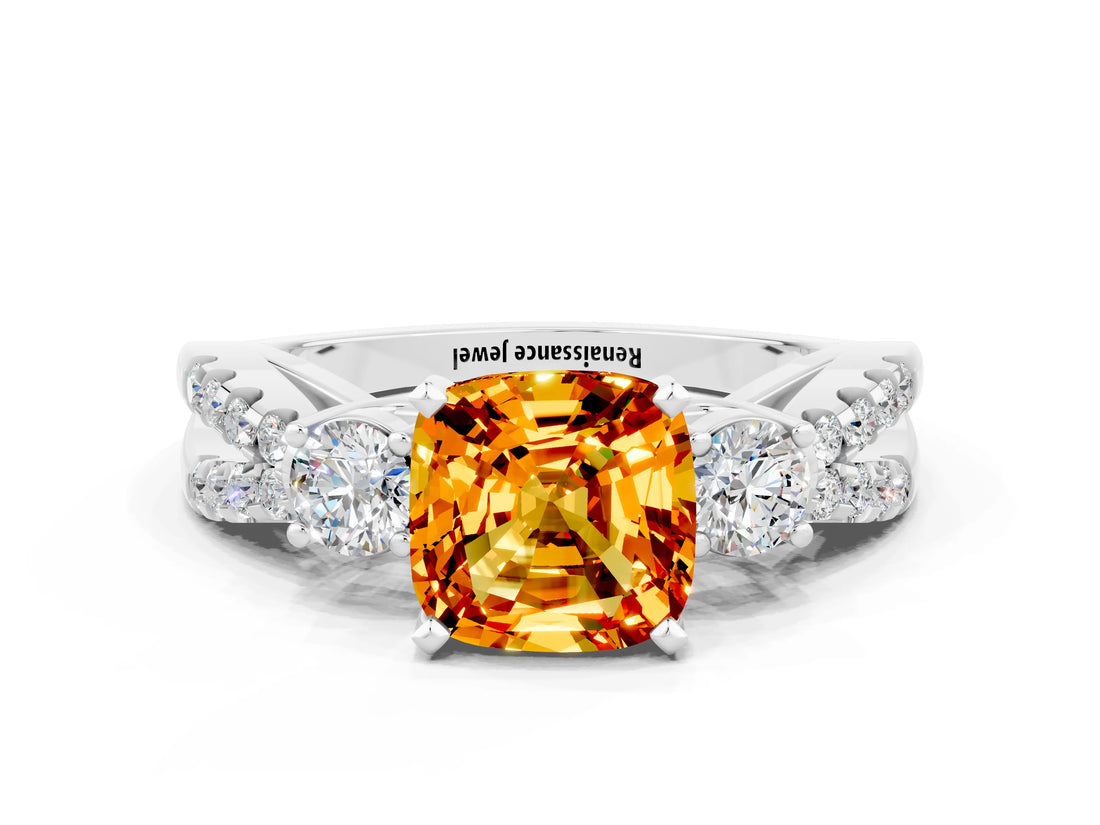 White gold Cushion Cut Citrine Three-Stone Ring with Pavé Split Shank and Four-Prong Setting_12
