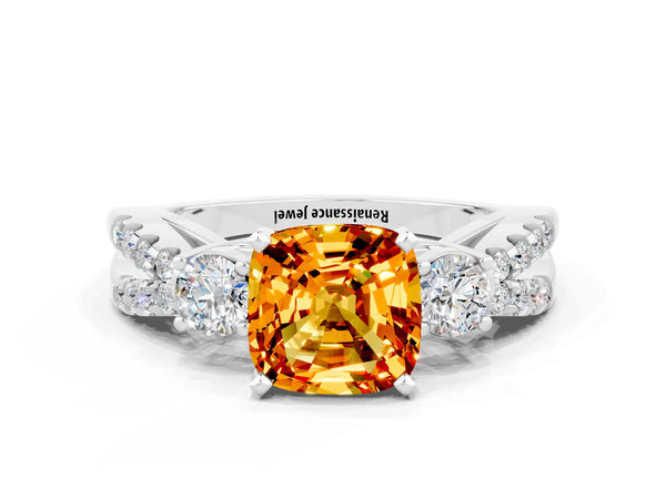 Platinum Cushion Cut Citrine Three-Stone Ring with Pavé Split Shank and Four-Prong Setting