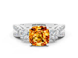 White gold Cushion Cut Citrine Three-Stone Ring with Pavé Split Shank and Four-Prong Setting_12
