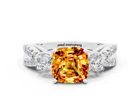 White gold Cushion Cut Citrine Three-Stone Ring with Pavé Split Shank and Four-Prong Setting_12