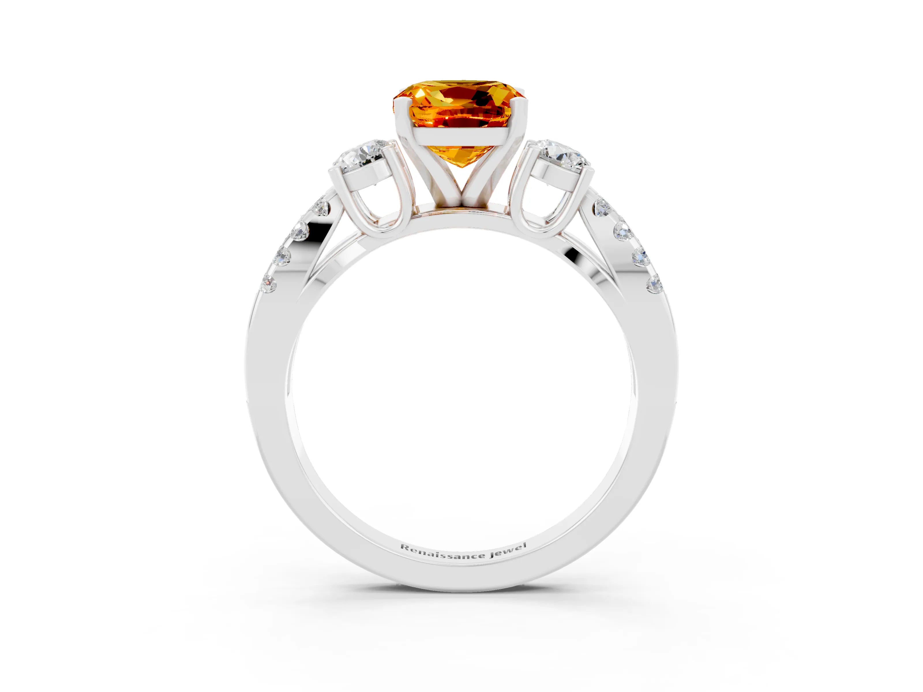 White gold Cushion Cut Citrine Three-Stone Ring with Pavé Split Shank and Four-Prong Setting_15
