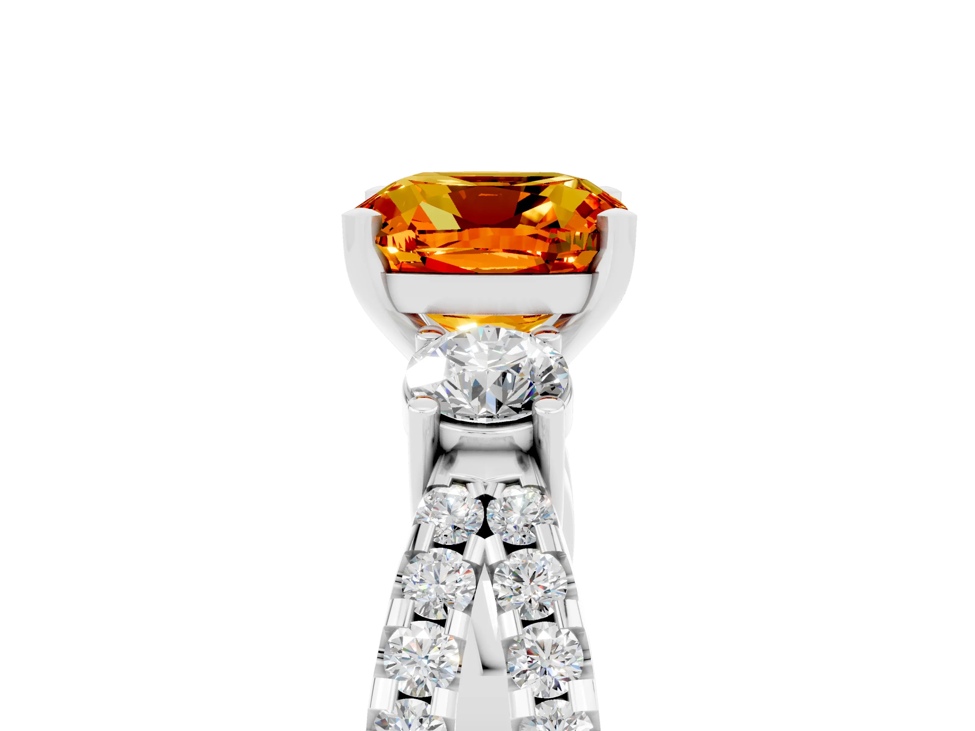 White gold Cushion Cut Citrine Three-Stone Ring with Pavé Split Shank and Four-Prong Setting_17