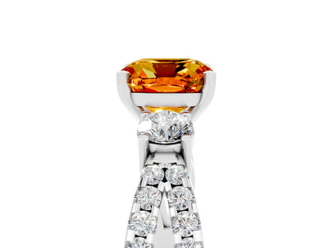 White gold Cushion Cut Citrine Three-Stone Ring with Pavé Split Shank and Four-Prong Setting_17