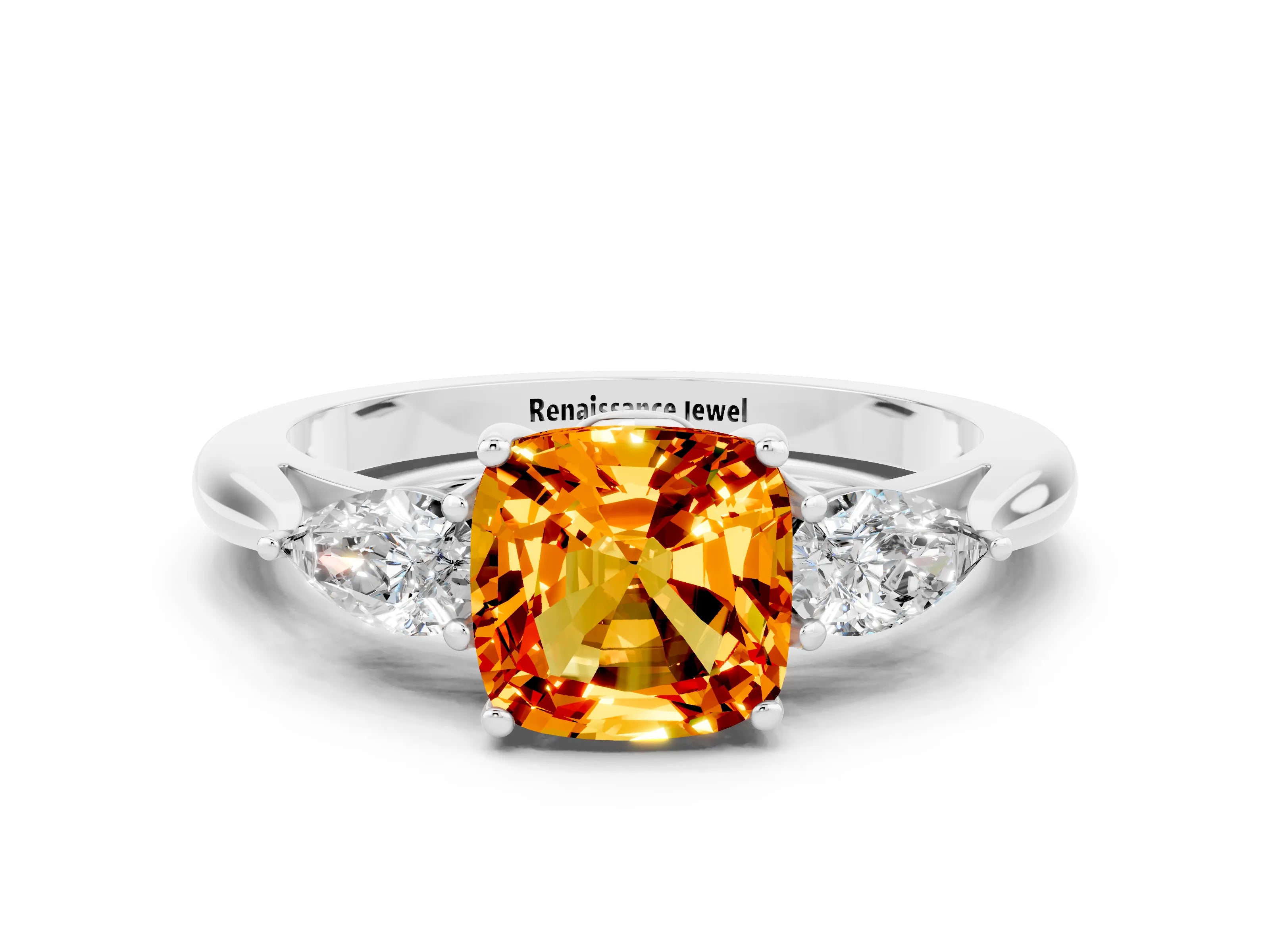 White gold Cushion Cut Citrine Three-Stone Ring with Pear Side Stones and Four-Prong Setting_12