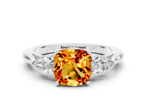 White gold Cushion Cut Citrine Three-Stone Ring with Pear Side Stones and Four-Prong Setting_12