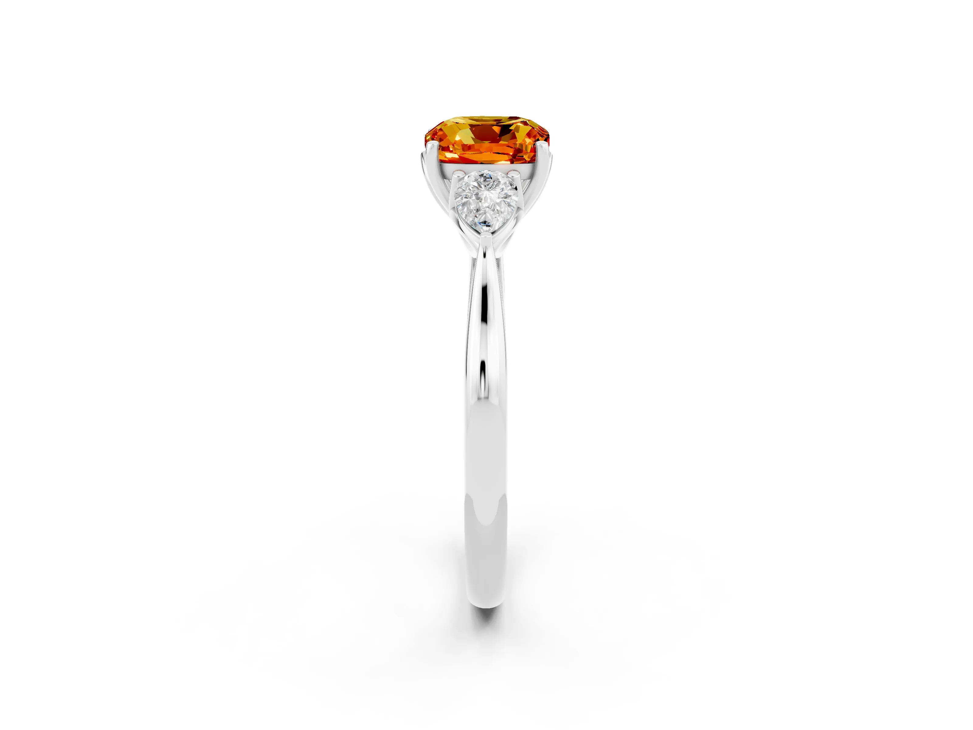 White gold Cushion Cut Citrine Three-Stone Ring with Pear Side Stones and Four-Prong Setting_14