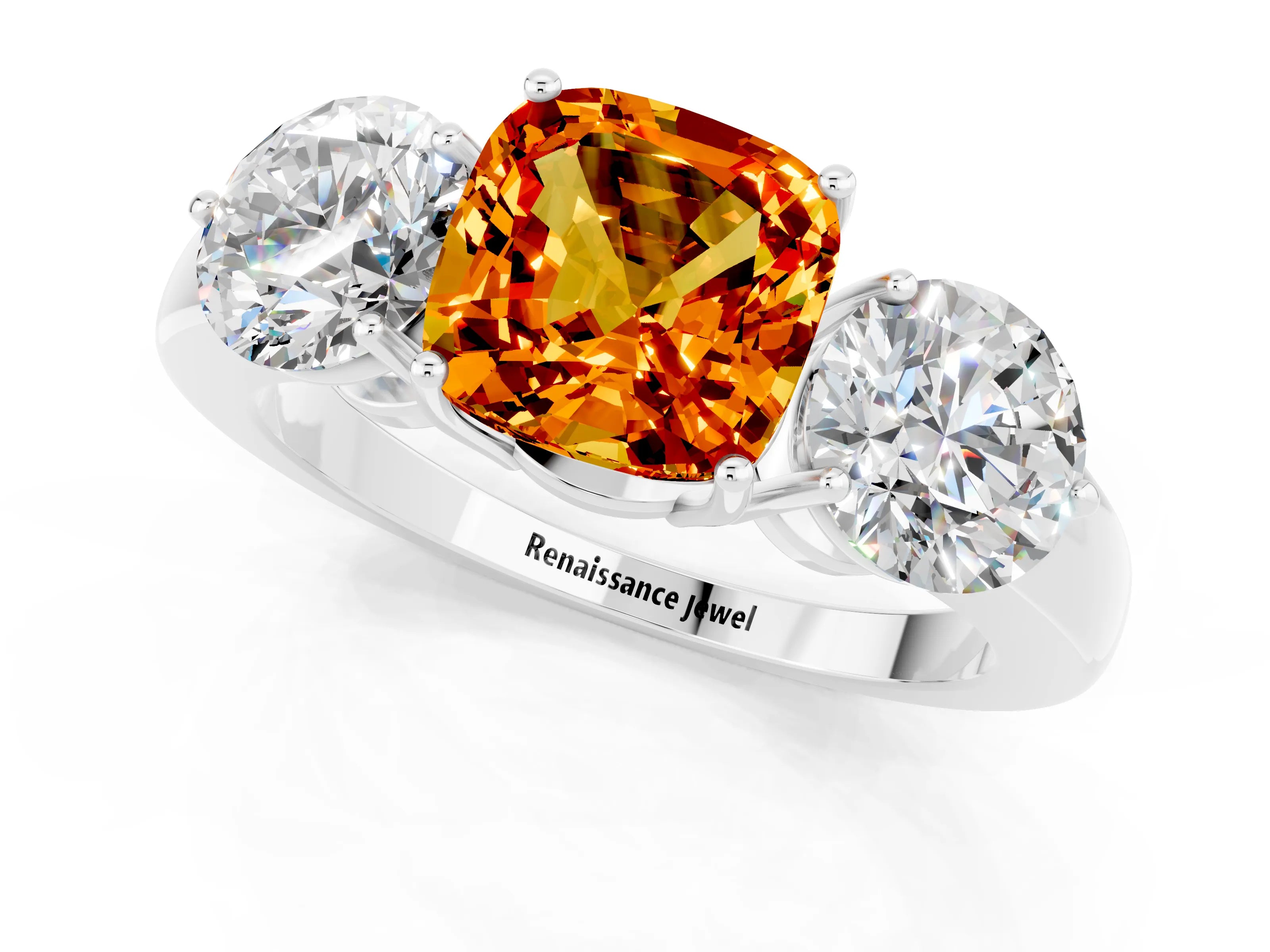 White gold Cushion Cut Citrine Three-Stone Ring with Prong Setting and Classic Band_1