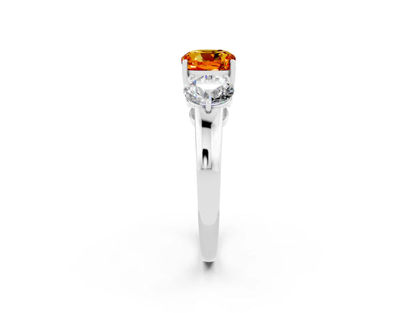 Silver Cushion Cut Citrine Three-Stone Ring with Prong Setting and Classic Band
